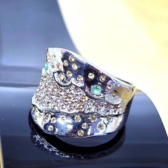 925 Sterling Silver Ring Siz 7.5 with Natural Sapphire & Emerald Gems - Picture 11 of 11